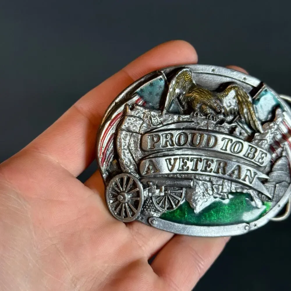 1983 Bergamot Brass Works PROUD TO BE A VETERAN Enameled Belt Buckle vintage